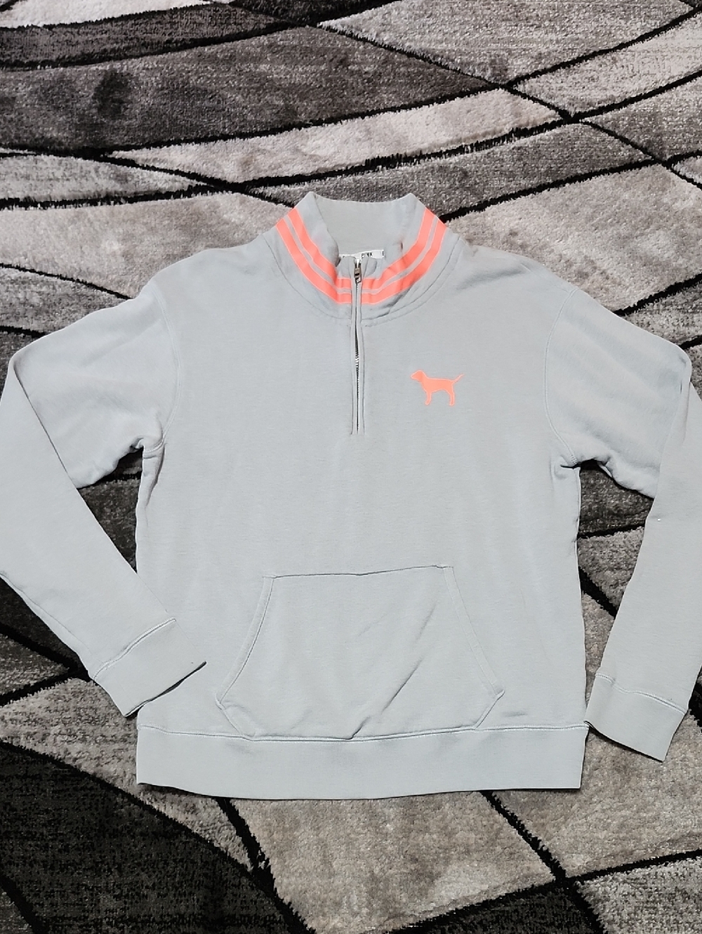 VS PINK 2014 GRAY QUARTER-ZIP NEON CORAL DOG GRAPHIC LOGO COLLAR STRIPES SWEATSH